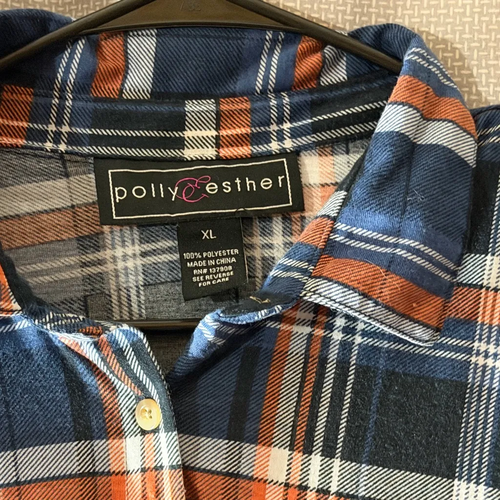 Polly & Esther Blue and Orange Plaid Shirt Modal Soft Button Runched sleeves XL - Image 3