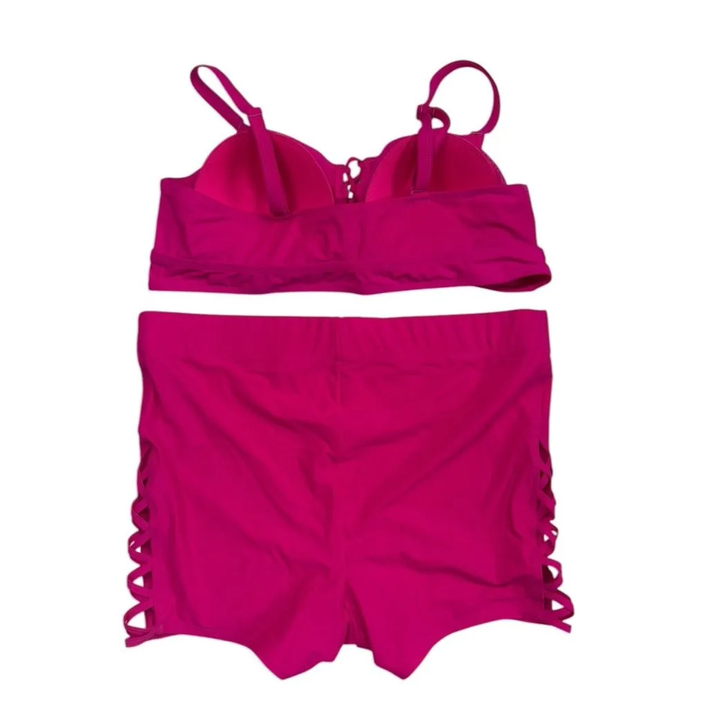 *Torrid 2 Pc Swimsuit Womens Plus 3 Hot Pink Bralette Brief Lace Up Beach Bikini - Image 4