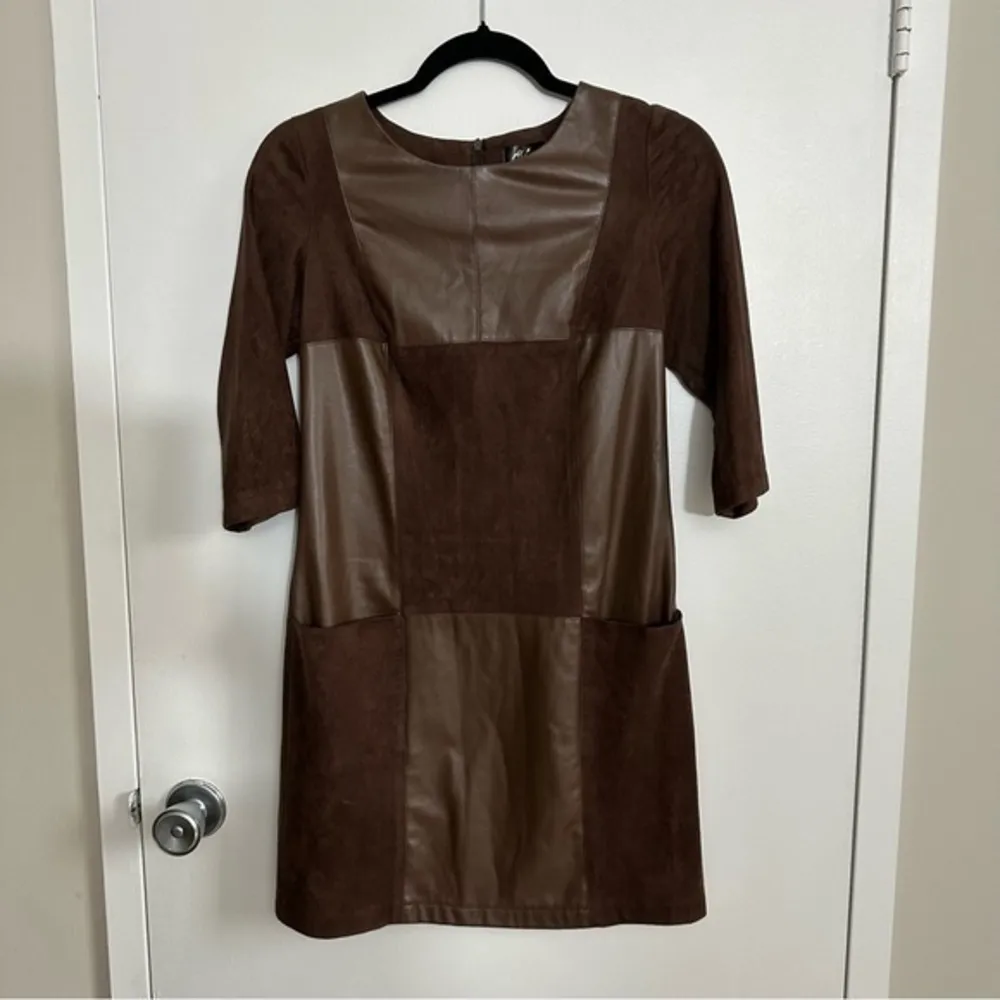 Women’s Brown mix suede and faux leather mini dress in size small - Image 2