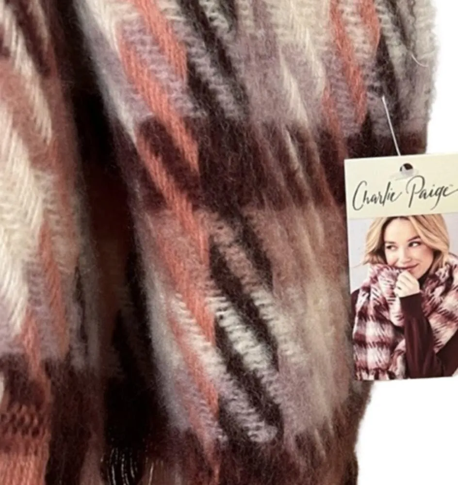 Charlie Paige Red Pink White Fringe Scarf Soft Warm 100% Polyester NEW Tags - Image 4