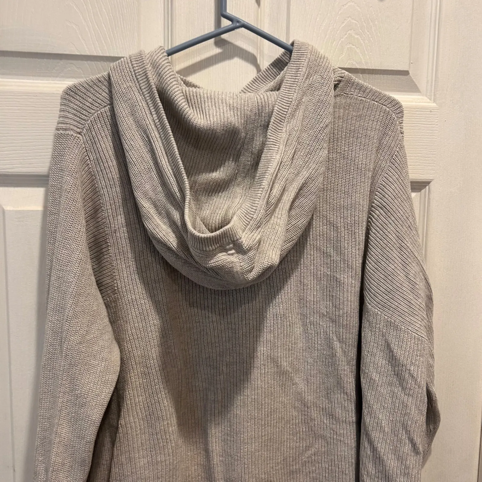 Athleta Women's Size L Beige Ribbed Knit Hoodie‎ Sweater Pima Cotton Tencel Silk - Image 6