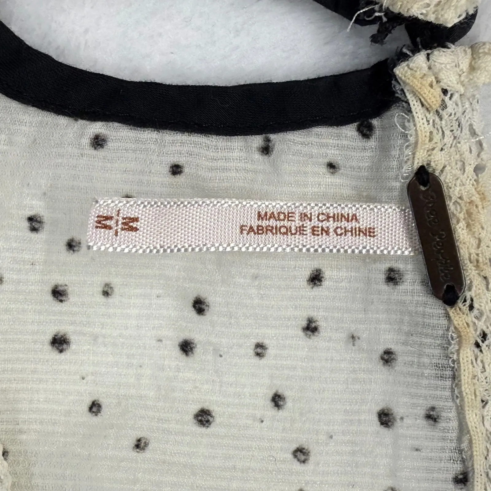 Free‎ People Polka Dot Blouse Sheer Long Sleeve Top Black Trim M READ - Image 6