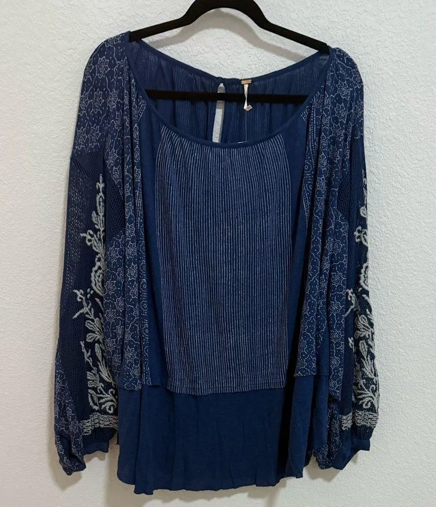 Free People Indigo Dreams Oversized Tunic Top Navy Blue Small NEW Boho Chic - Image 6
