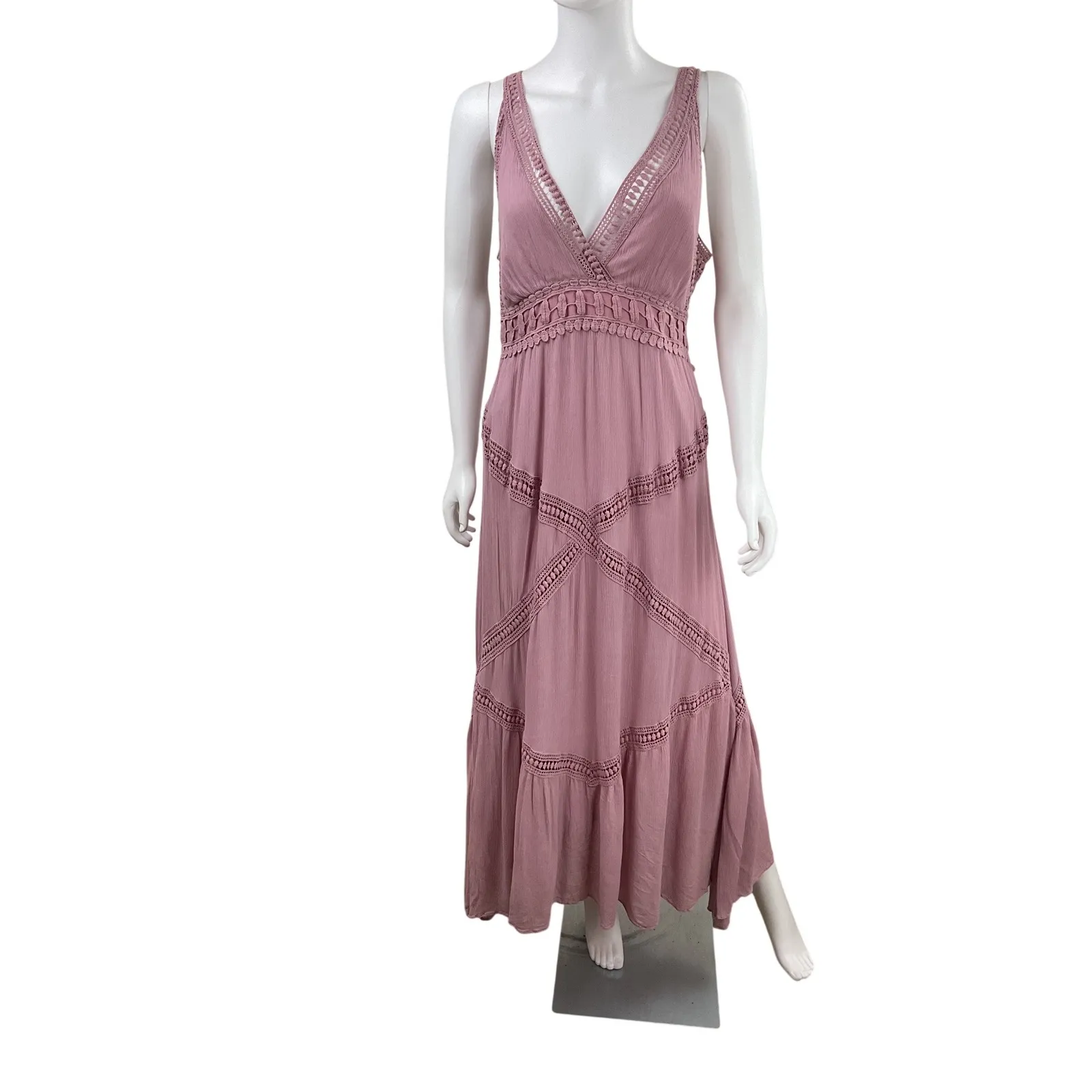 Max Studio V Neck Maxi Dress Dusty Rose Crochet Lace Tiered Boho Festival 14 - Image 3