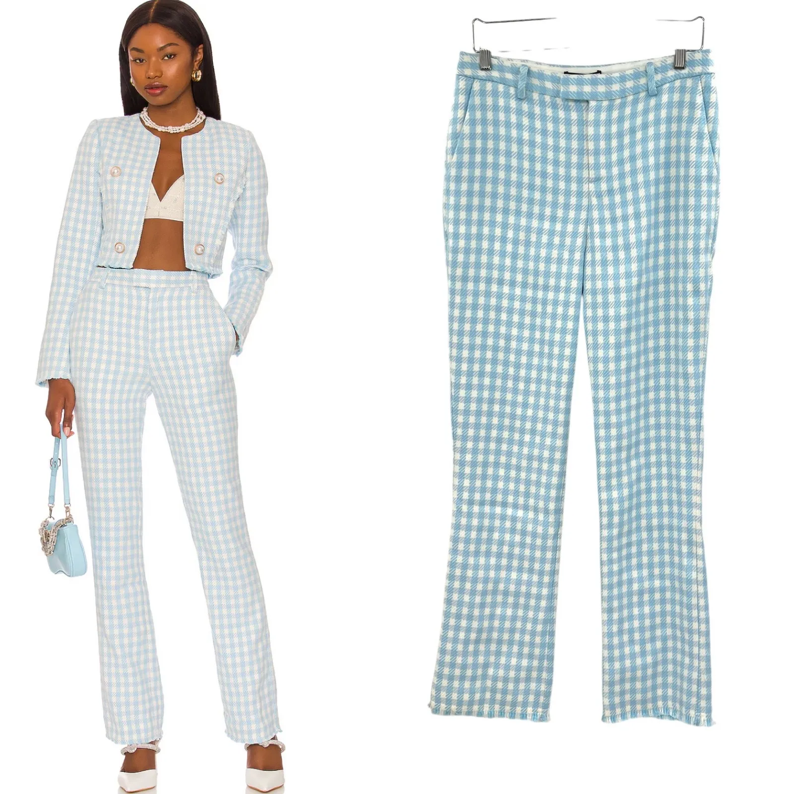 Revolve Assignment Chloe Trouser Pants Gingham Print Blue White Size Medium - Image 2