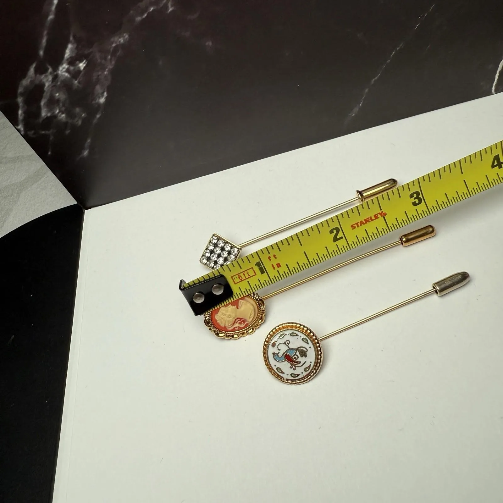 Lapel Stick Pin Gold Tone Lot Of 3 Cameo, Enamel Bird, Rhinestone Square - Image 3