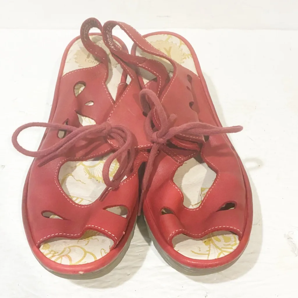 Fly London Sandals Womens 38 Red Exon871fly Leather Lace Up Wedge Comfort - Image 2