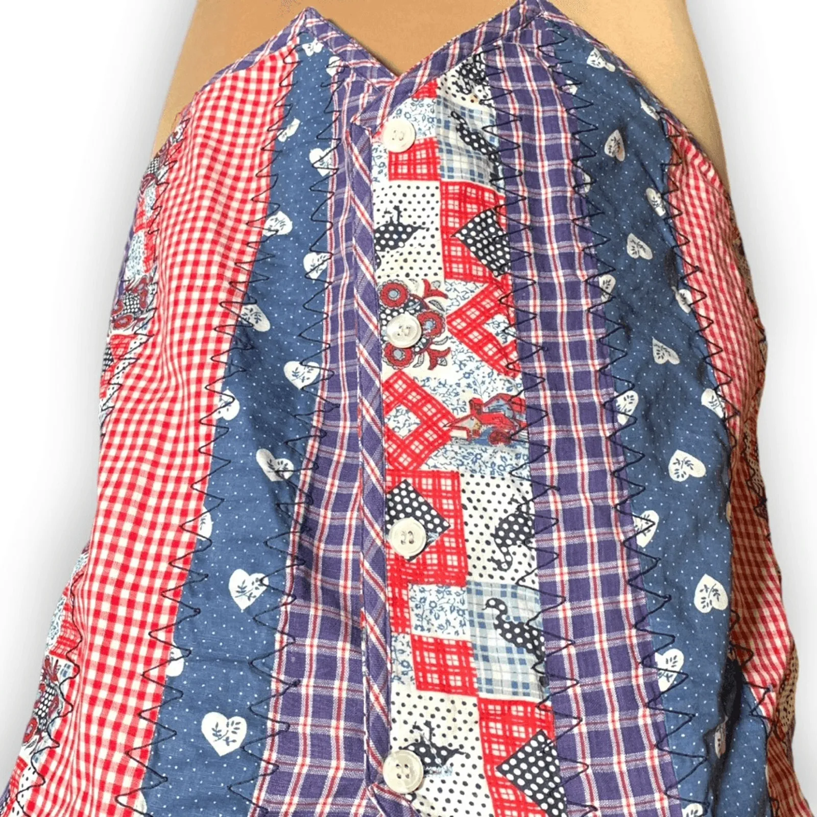 Vintage Patchwork Vest Red White Blue Gingham Heart Duck Print Folk Art Cottage Size L - Image 4