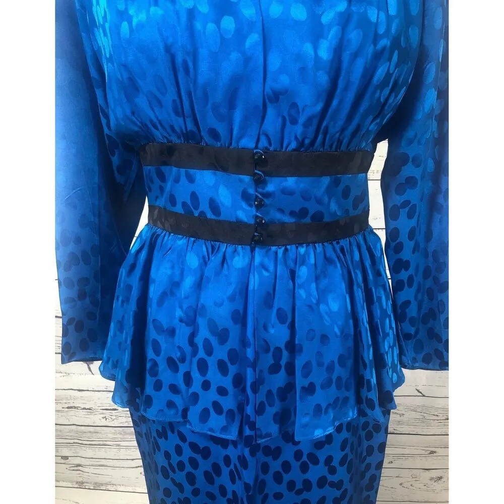Vintage Silk Studio Blue & Black polkadot fitted waist top & skirt size 12 - Image 11