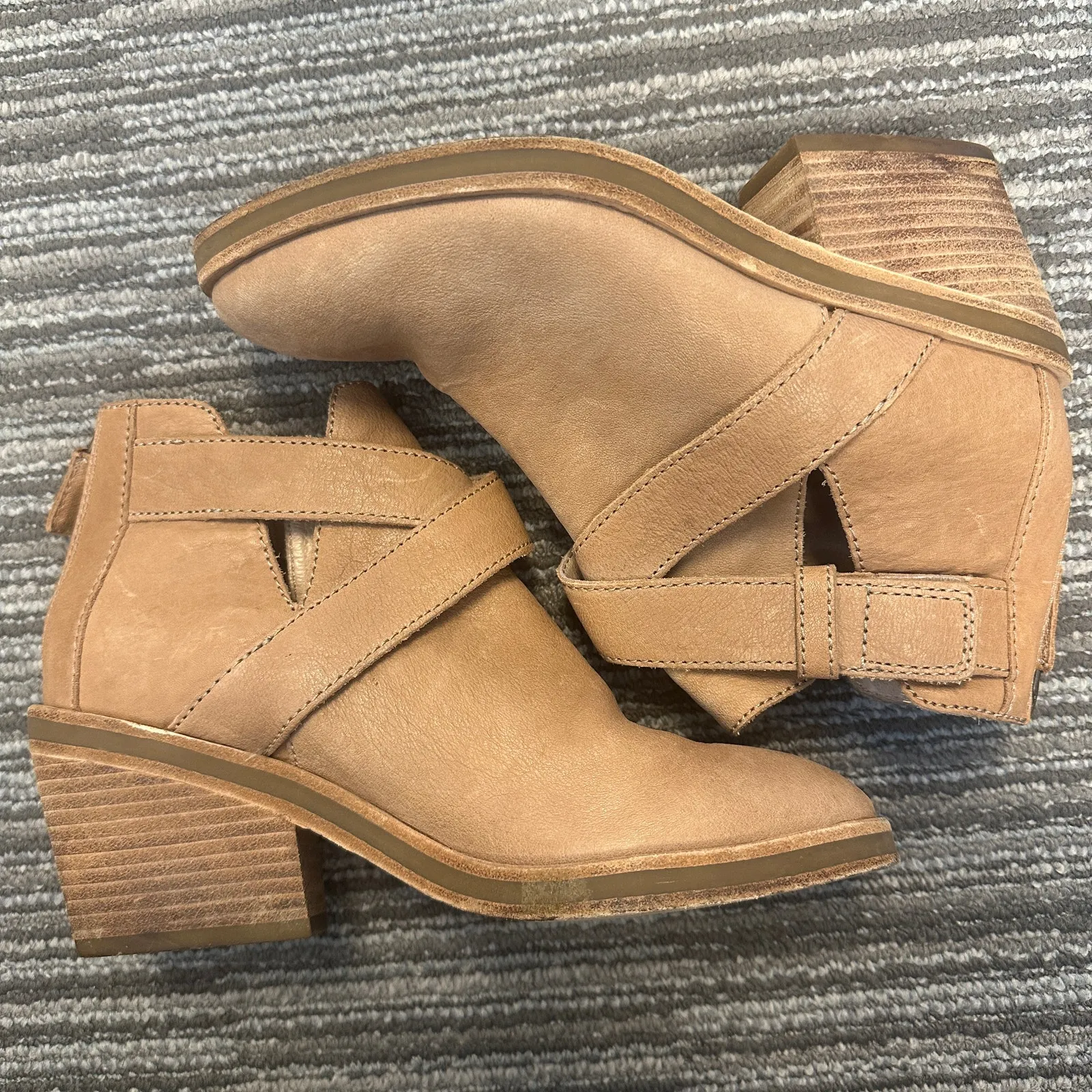 Eileen Fisher Derby Ankle Boots Tan Nubuck Leather Stacked Heel Preppy Career 6 - Image 4