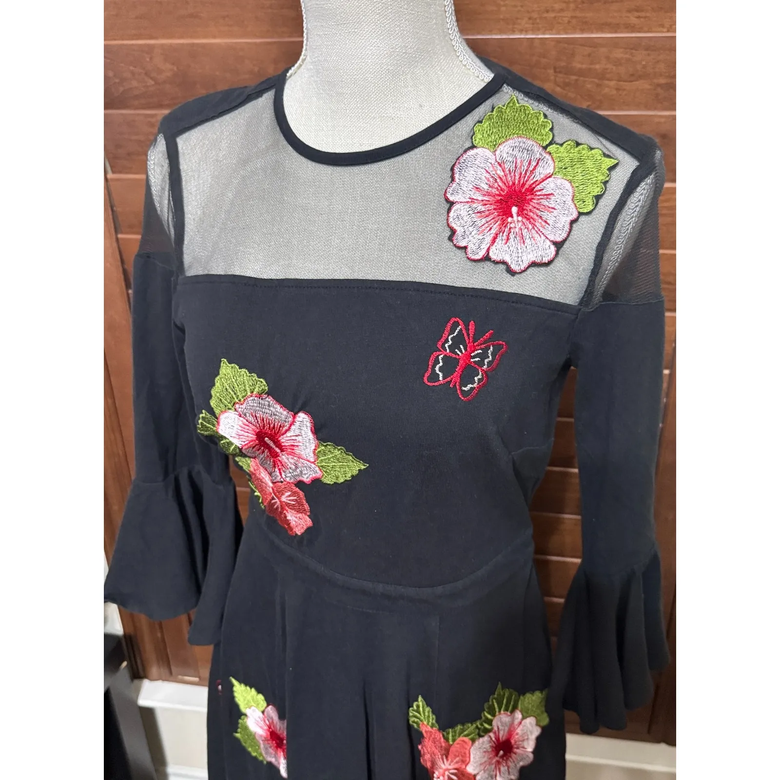 eShakti Black Embroidered Dress Size 0 XS long sleeve mesh floral midi - Image 2