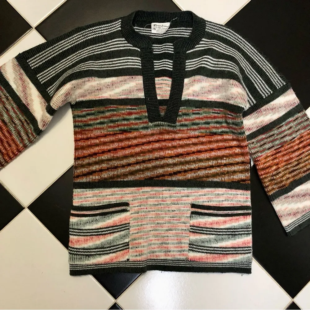 Vintage 70s 80s Kimlon by RBK Acrylic V Neck Sweater Colorful Stripee Abstract S Orange - Image 2