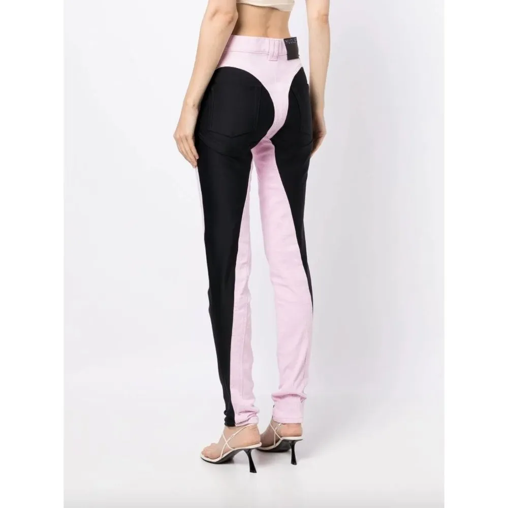 MUGLER Two Tone Twist Panel High Rise Denim Stretch Jeans Pink Black FR 40 US 8 - Image 4