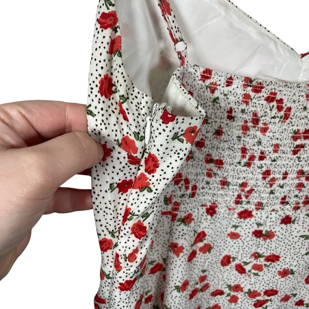 Urban Outfitters Floral Dotted Cinched Ruffle Mini Slip Dress White/Red Size M - Image 7