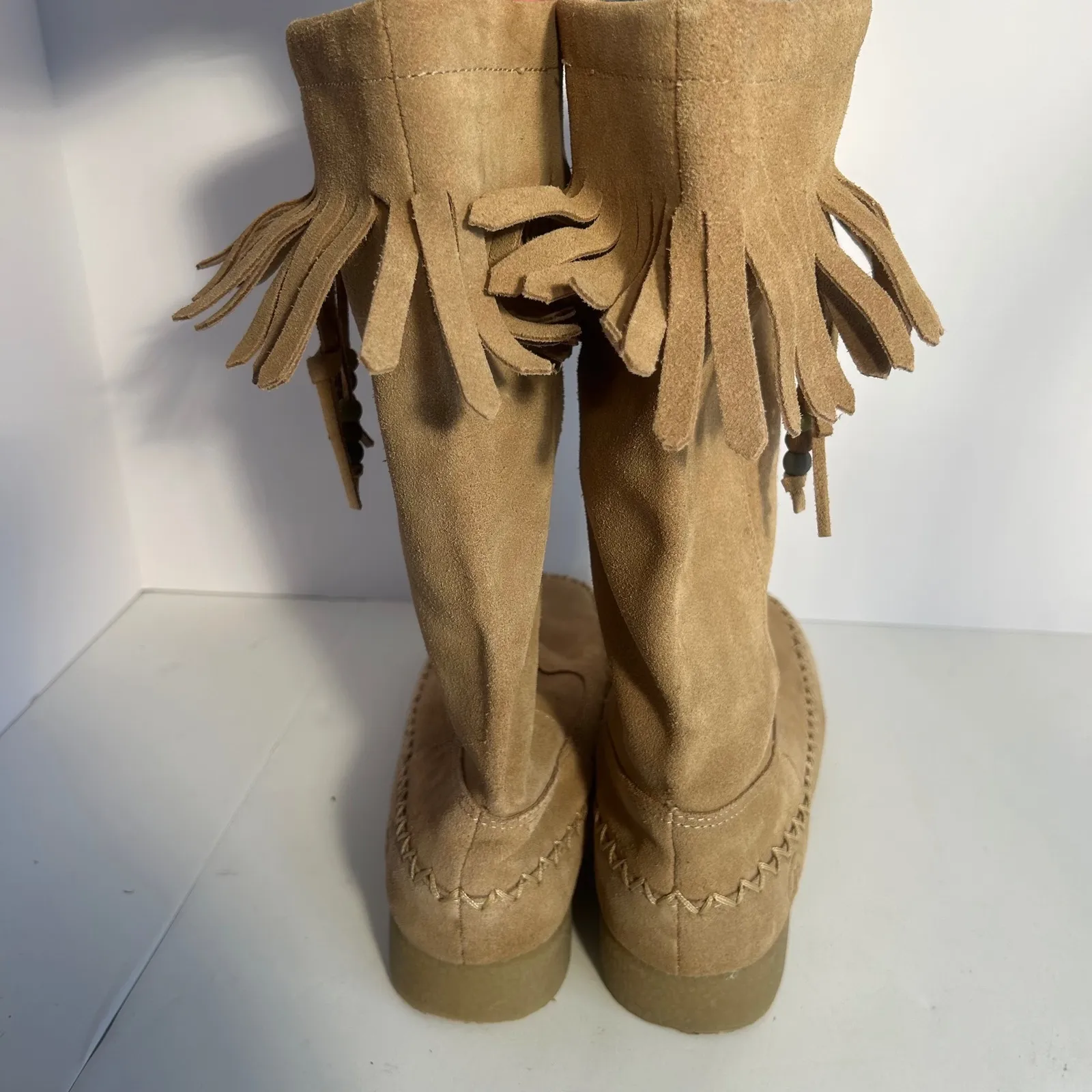 Report Dubai Suede Fringe Tall Boots Tan Moccasin Style Women's Size 7.5 - Image 5