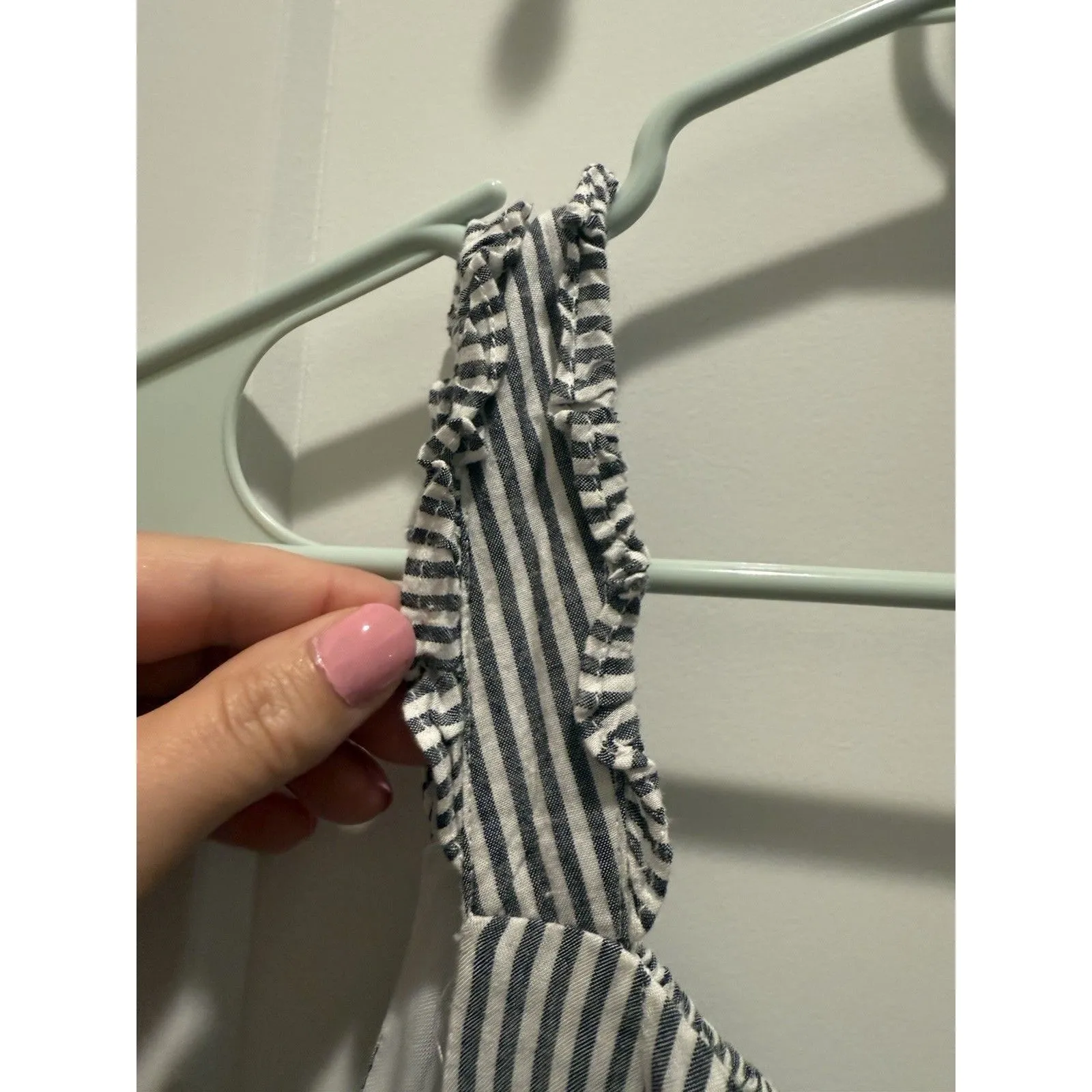 Gray & White Pinstripe Dress Size Medium Seersucker Ruffled Straps Ruched Back - Image 2