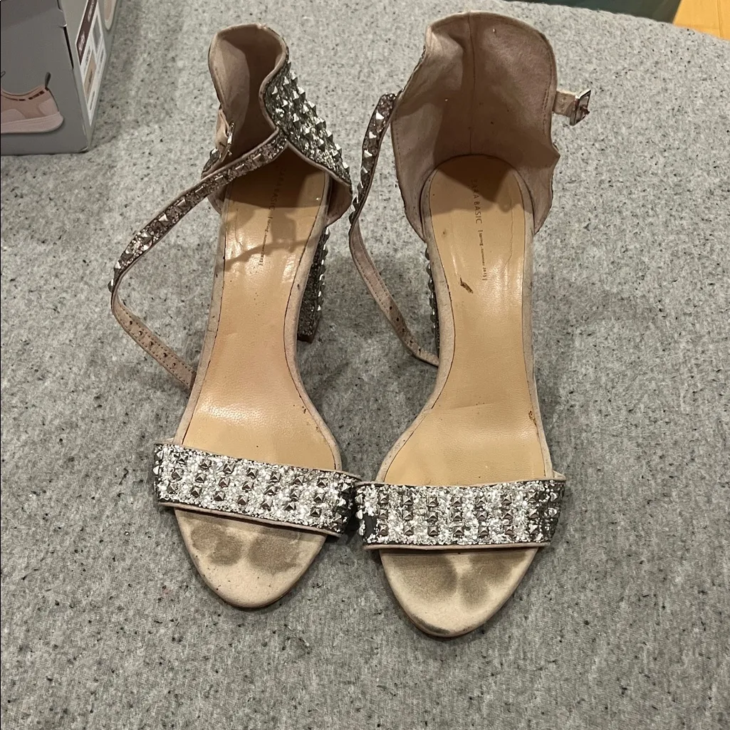 Zara 40 Silver Studded Block Heel Sandals - Image 4
