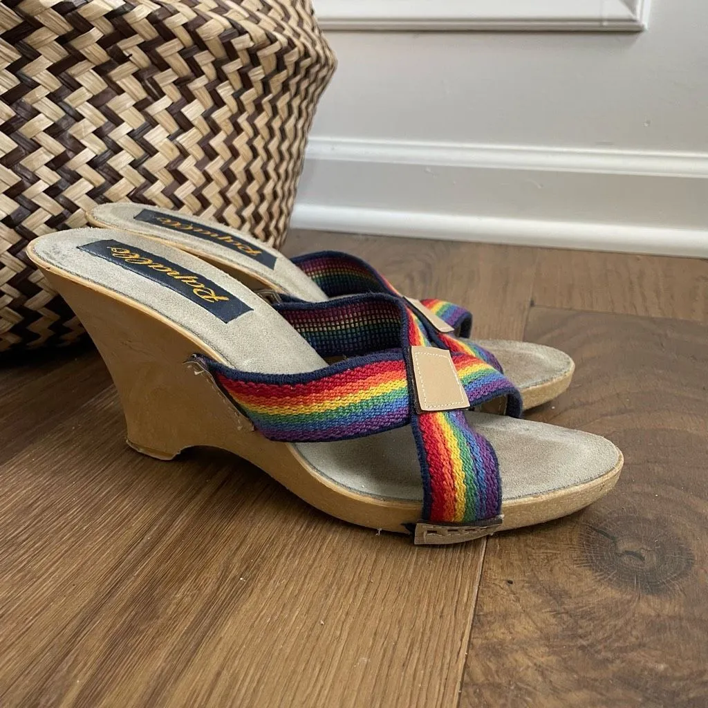 Vintage 70s 80s Rapallo Rainbow Wedge Mules Heels 7 38 Red - Image 2