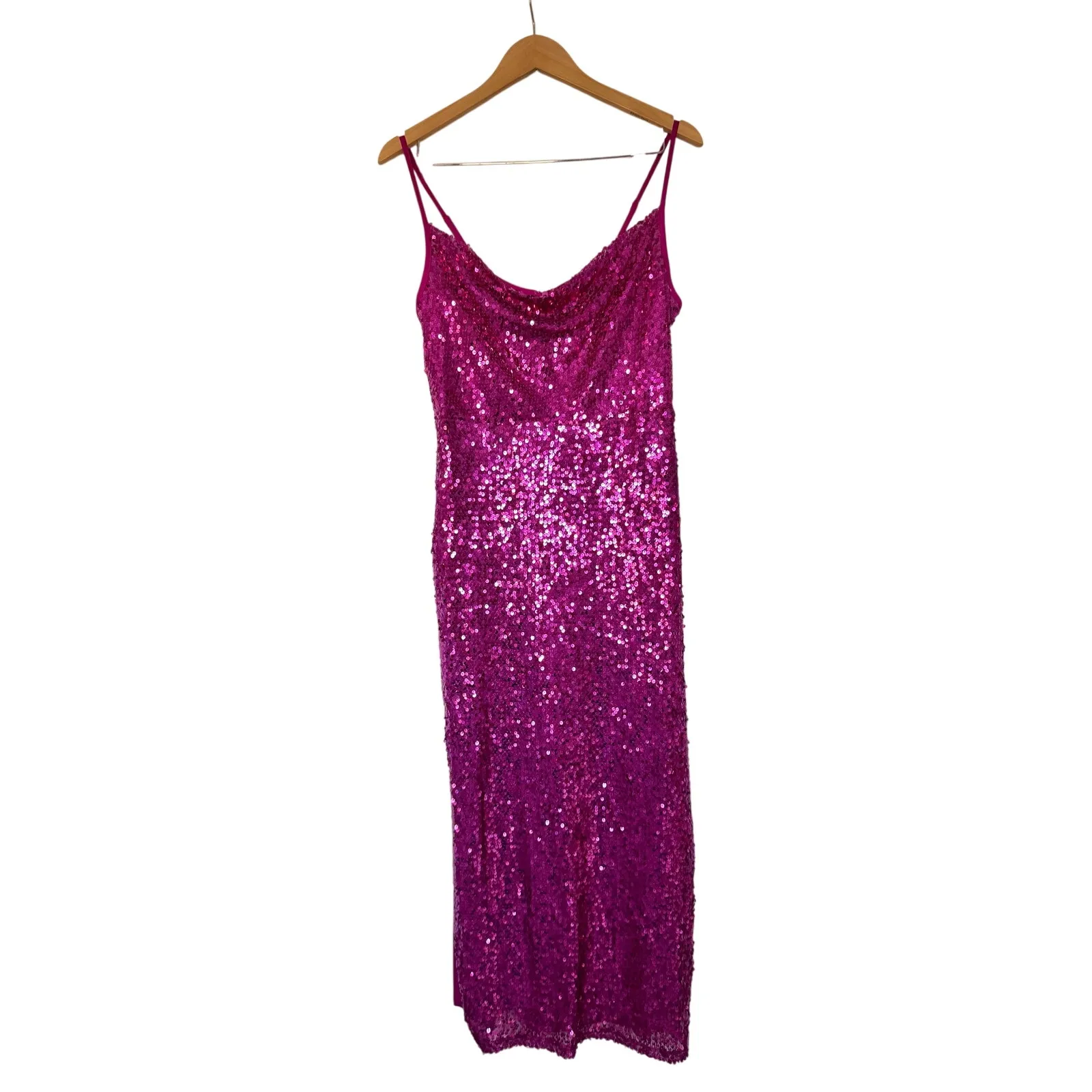 Taylor Stretch Sequined Cowl Neck Midi Dress Fuschia Pink Size 12 NEW - Image 3