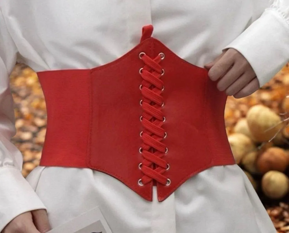 Court Style Wide Girdle Red Fashion Elastic Faux Leather Skinny Elastic Waist Co - Image 3