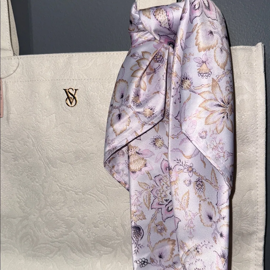 Victoria's Secret Floral Embossed Ivory Tote Bag Lavender Scarf Logo Ltd Edition - Image 2