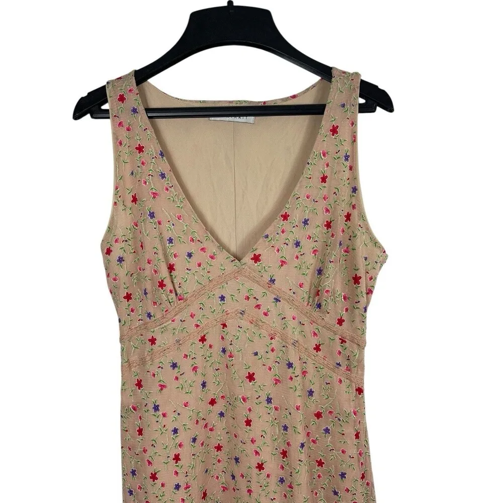 VTG Y2K Portrait Tan Ditsy Floral Babydoll Sleeveless Mesh Sheer Lined Dress L Brown Size L - Image 4