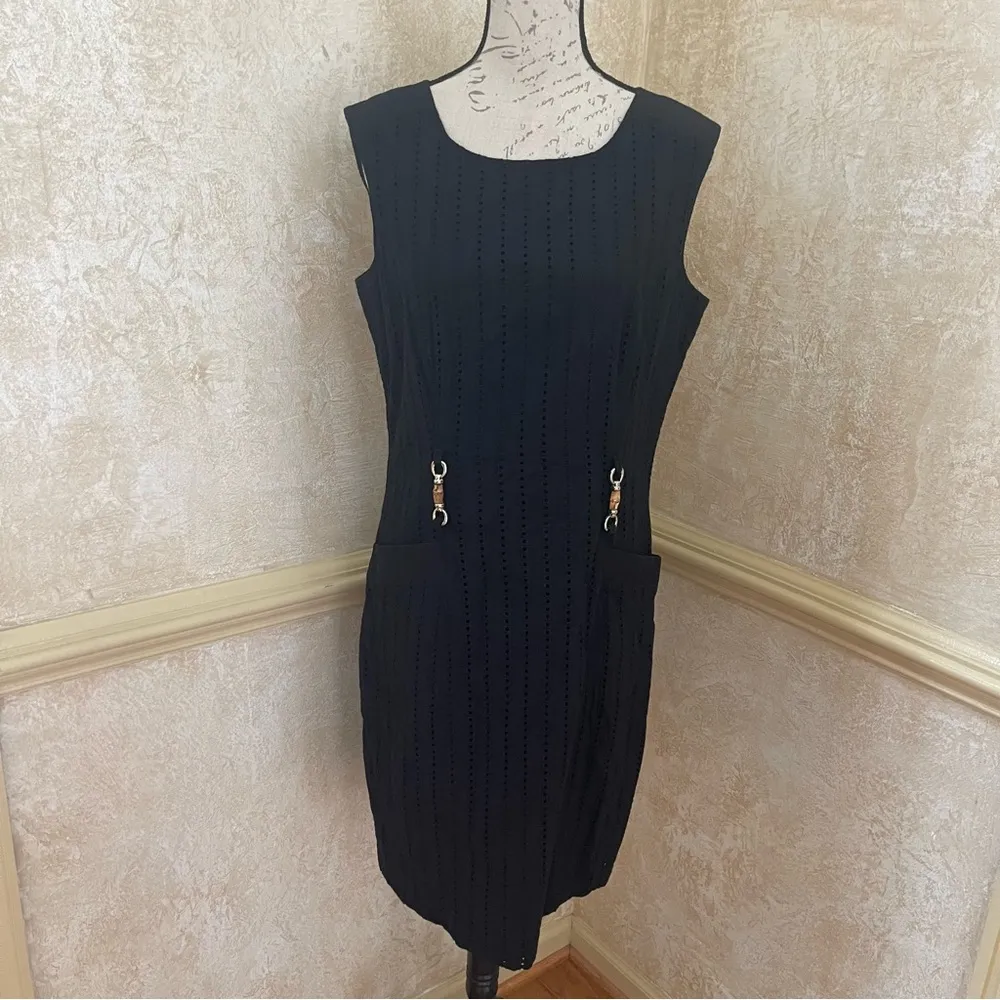 Ellen Tracy Eyelet Sheath Mini Midi Dress Black sleeveless cotton Sz 12 - Image 3