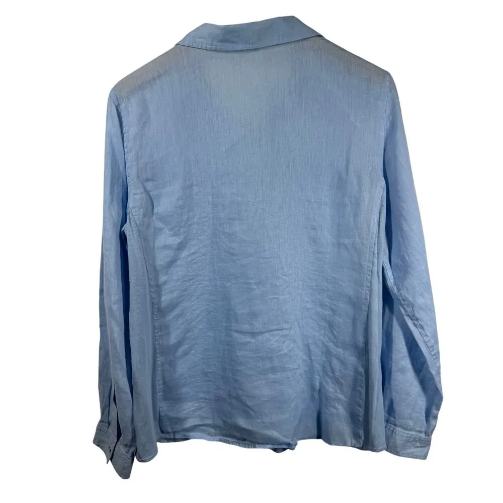 Calvin Klein Top Women Blue Linen Blend Button Up Roll Tab Sleeve Coastal Beach - Image 2