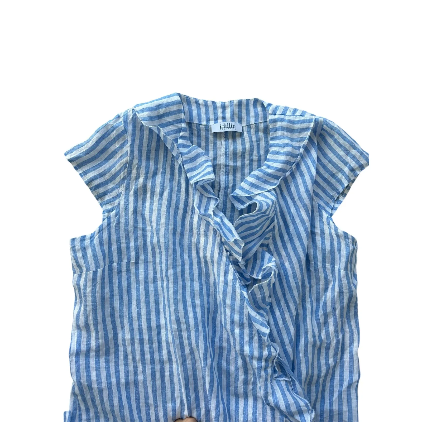 idillio Positano Blue White Stripe Ruffle Wrap Dress Linen Blend Medium - Image 2