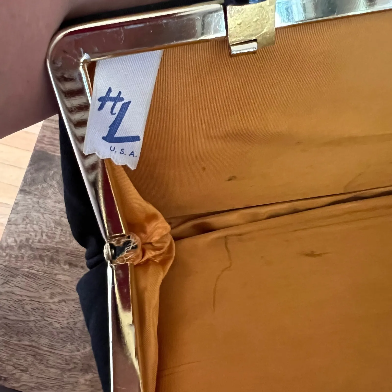 Vintage HL Black Handbag Top Handle Gold Frame Structured Clutch Purse Formal - Image 2