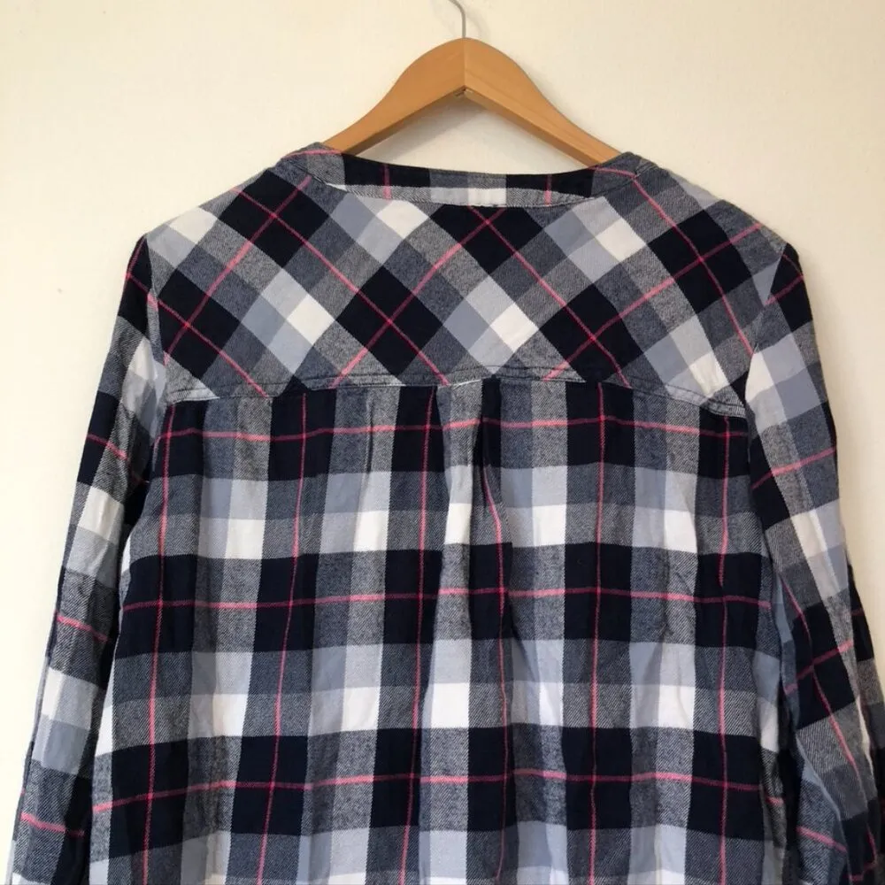 GAP Plaid Henley Tunic Top Navy Blue White Pink Flannel Button Down Shirt Medium - Image 11