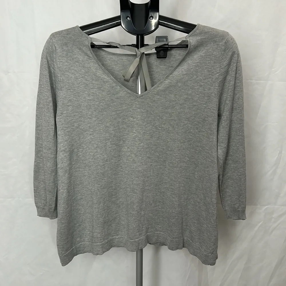 Garnet Hill Heathered Grey Silk Cotton Blend Knit Top Tie Back - Image 6