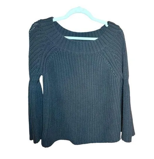 525 America women’s black open chunky knit sweater with bell sleeves minimalist Black Size M - Image 1