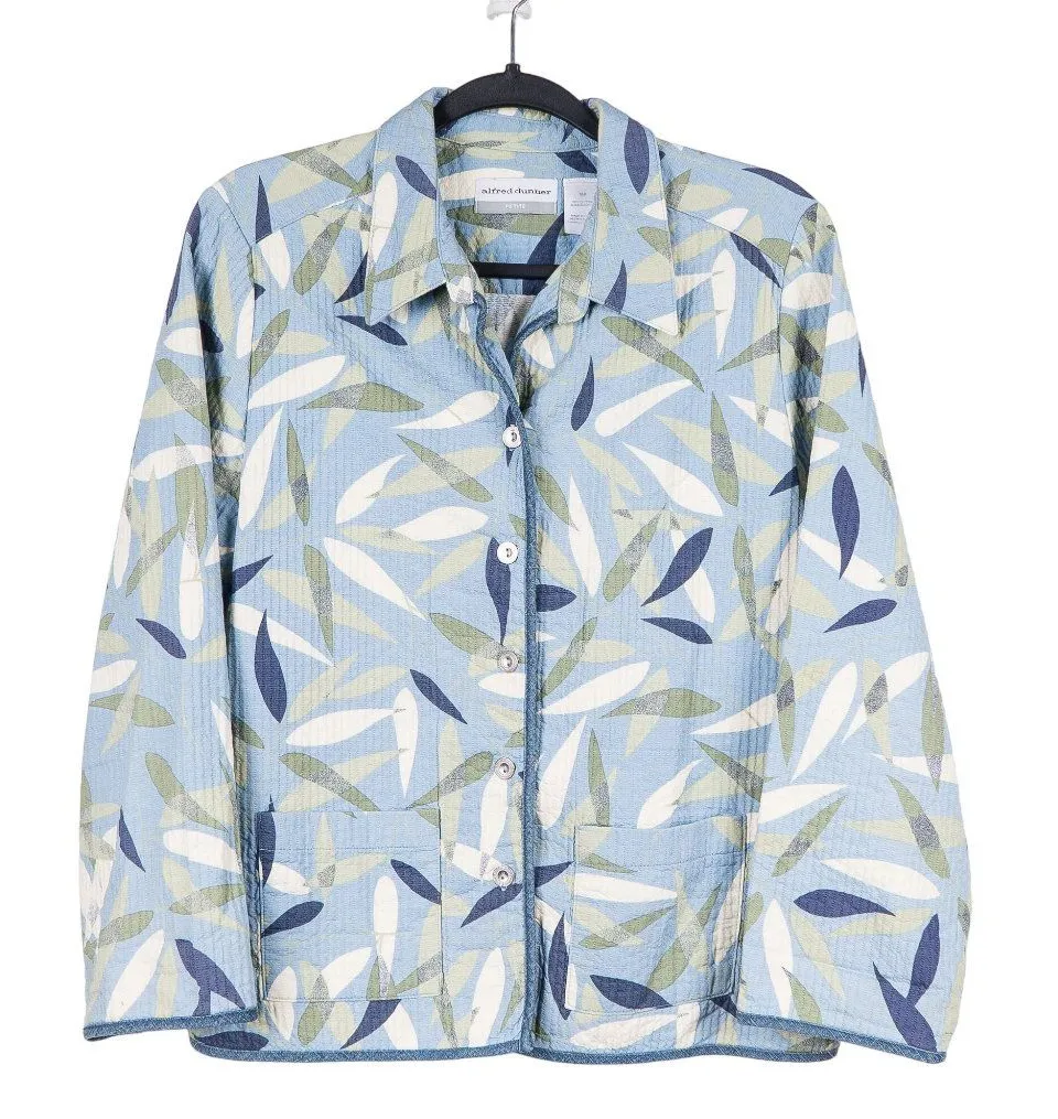 Alfred Dunner Quilted Jacket 16P Womens Boho Blue Green Leaves Cotton Pocket - Image 1