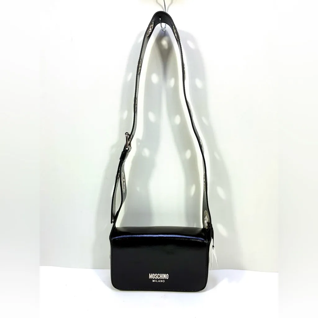 Moschino Couture Metal Logo Crossbody Shoulder Bag Black NWT Eyelets - Image 6