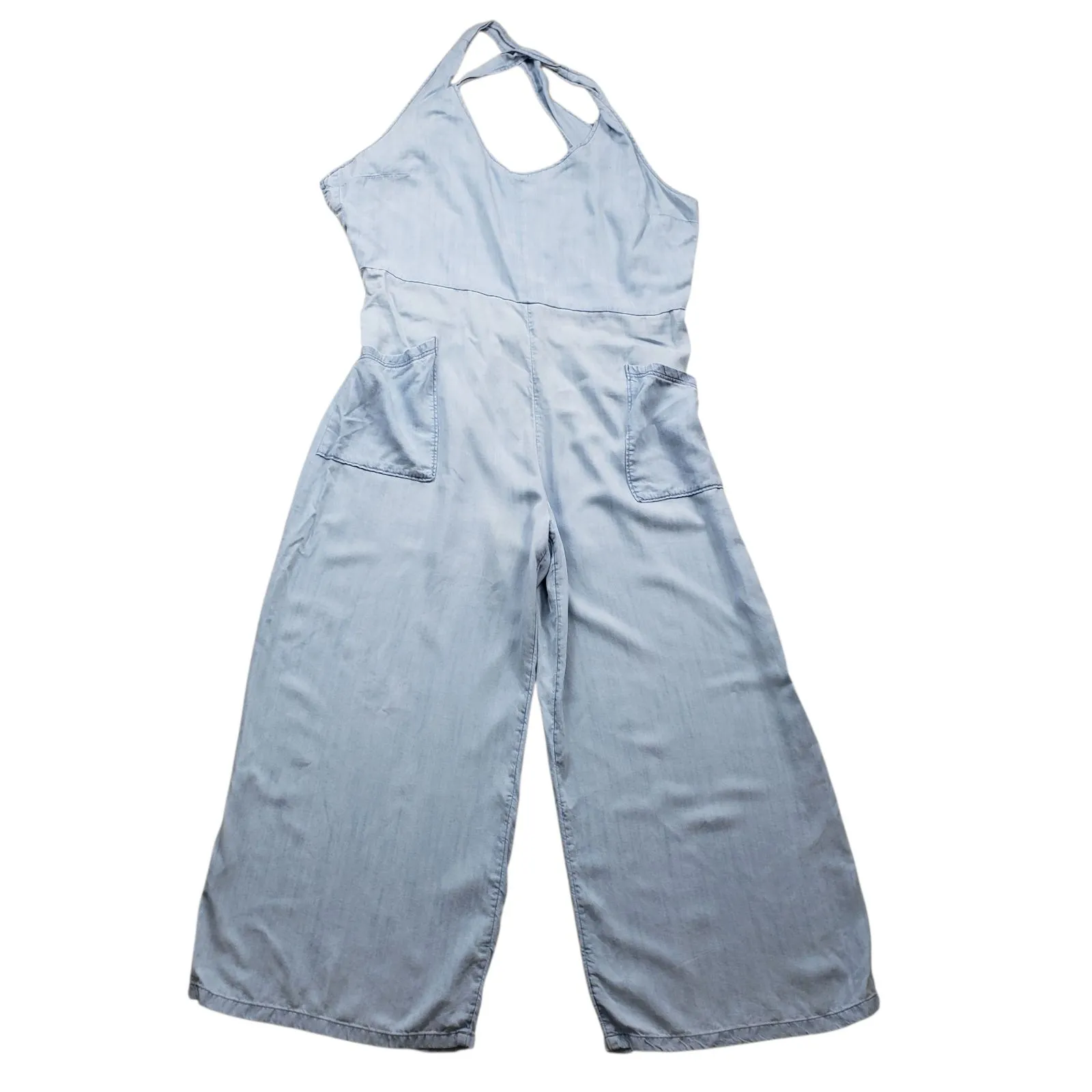 Prana Bahia Wide Leg Overall Jumpsuit Womens XL Blue Cross Back Pockets - Image 3