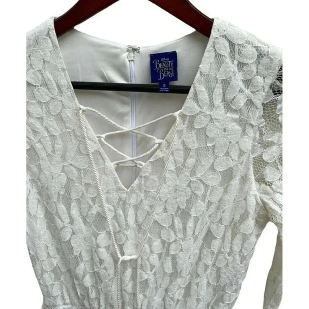 Disney Beauty And The Beast Sz S Lined Romper Playsuit White Lace Bell Sleeves‍‎ - Image 2