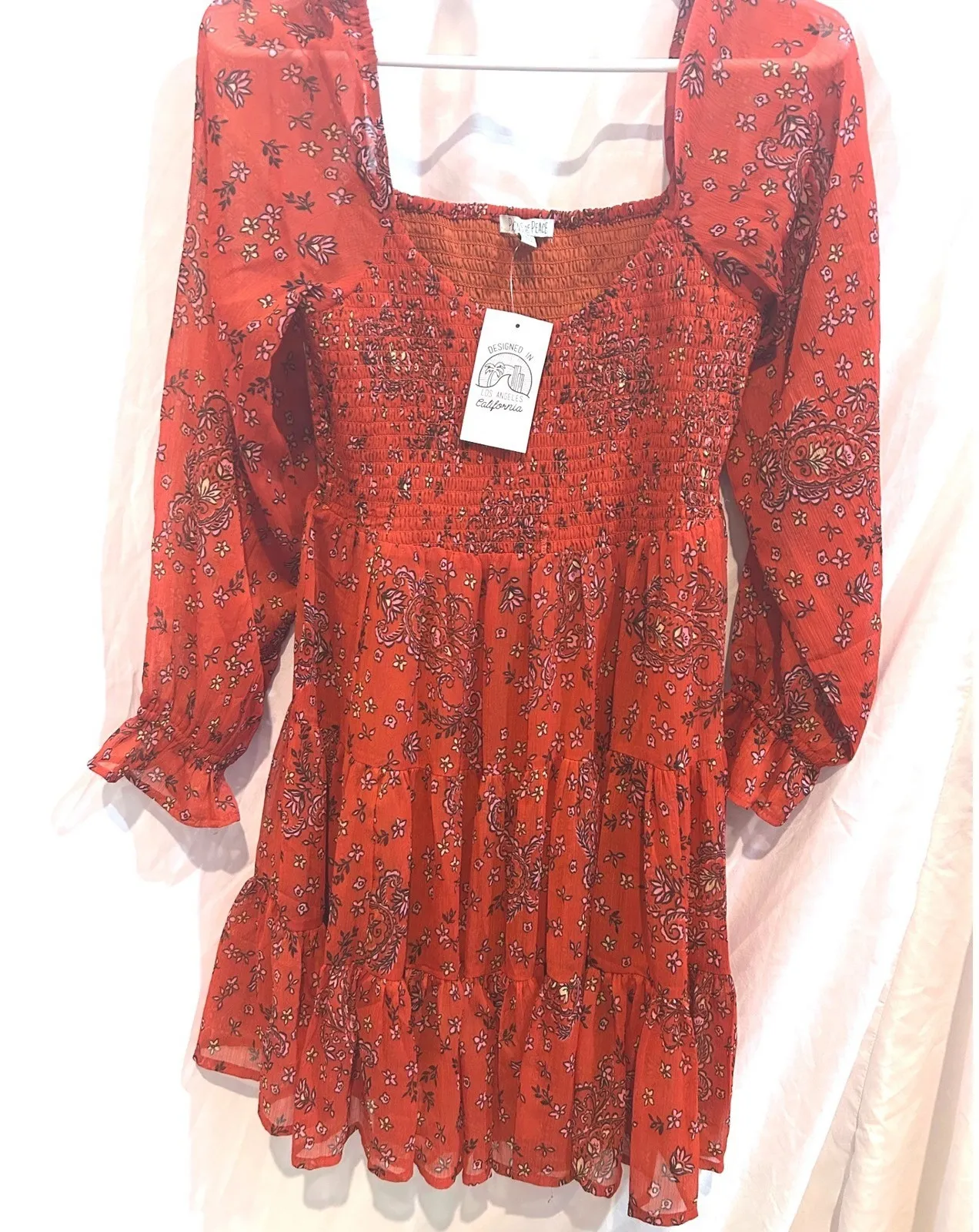 Patrons of Peace Red Fall Floral Smocked Square Neck Tiered Mini Dress Size S - Image 1