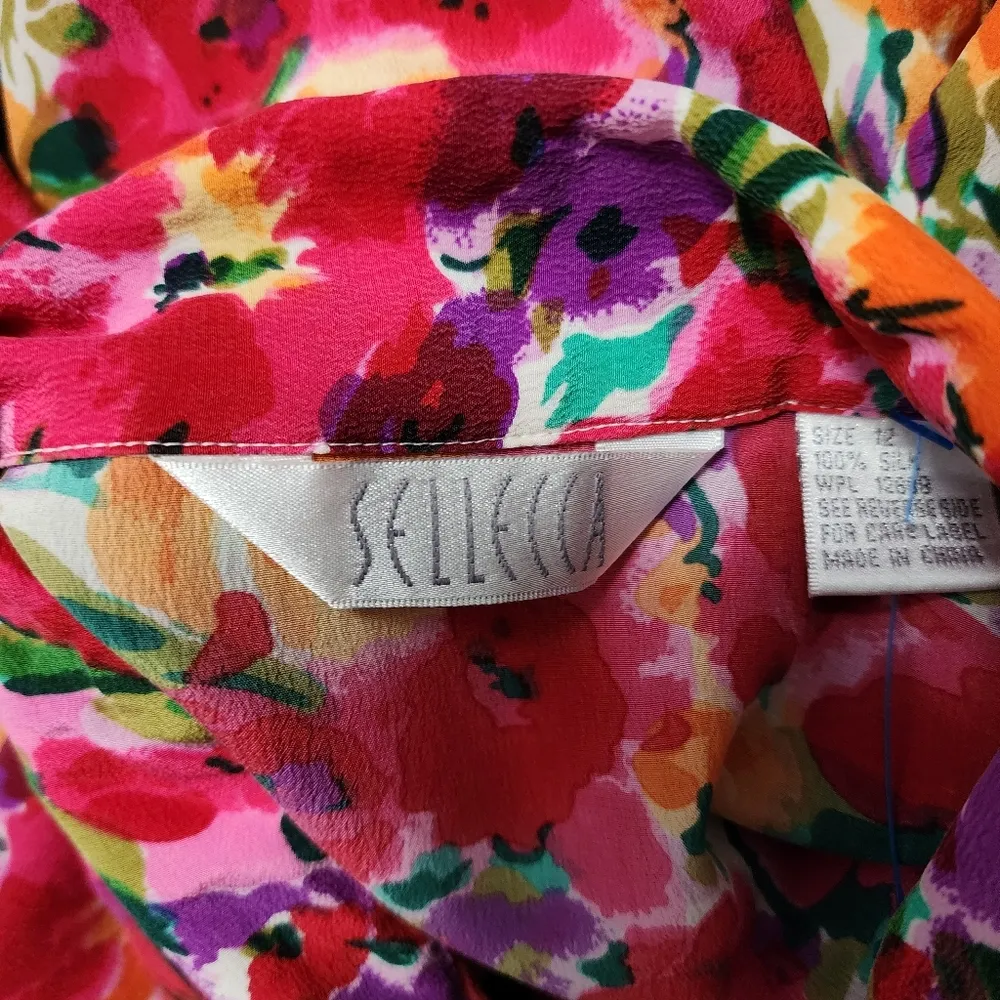 Vintage Sellecca 90s Multicolored Floral Silk Button Down Size 12 - Image 8