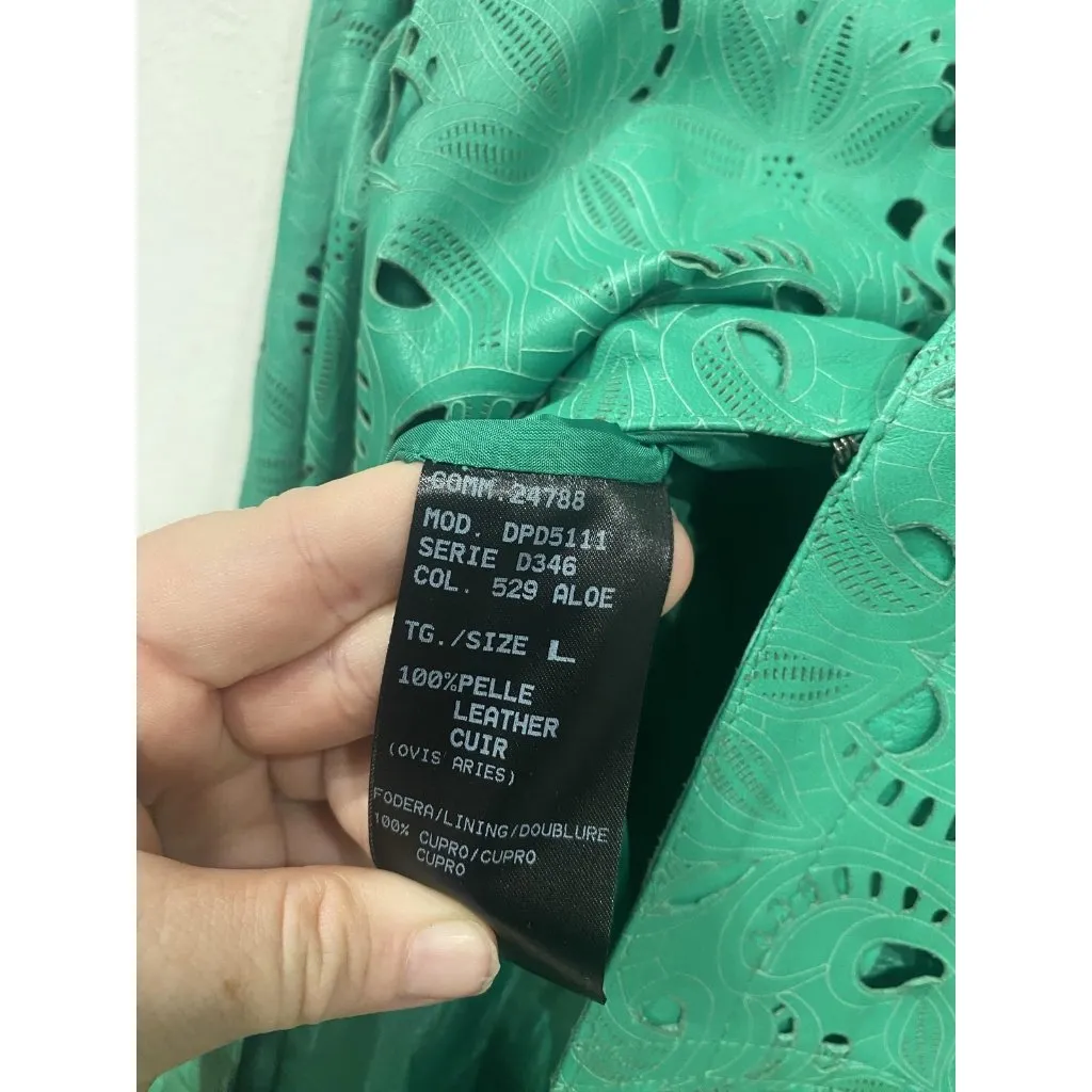 DRÔME Jacket Womens Large Green Aloe Laser Cut Leather Open Front Italy Boho - Image 4