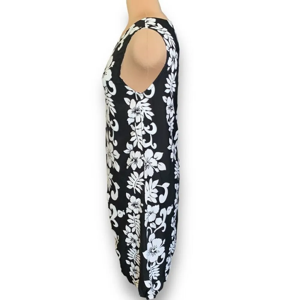 Vintage 90s Mini Dress Black White Hibiscus Floral Tropical Print Sleeveless Black Size L - Image 2