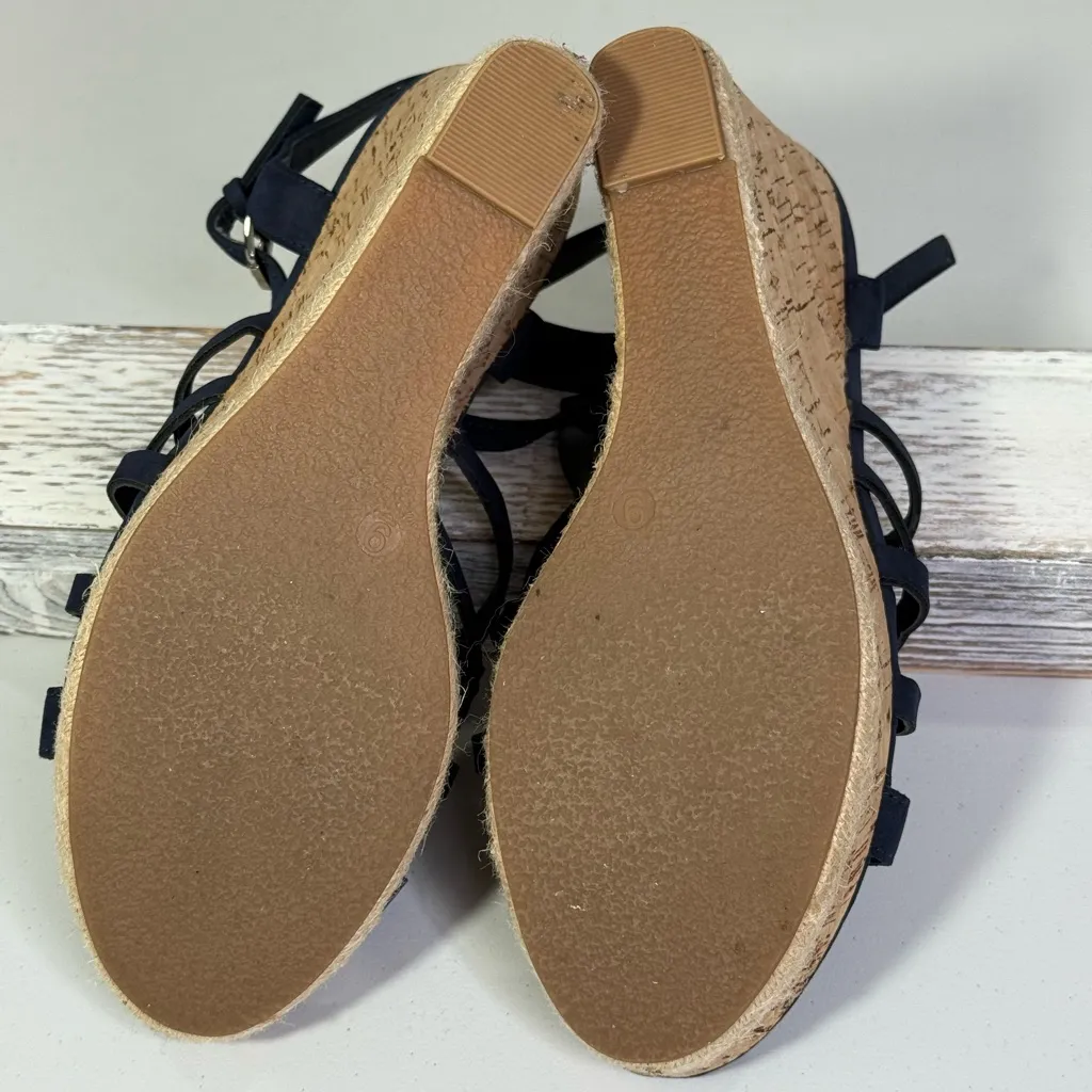 LIMELIGHT "Sonia" Strappy Wedge Cork Sandals Navy Blue-9 - Image 5