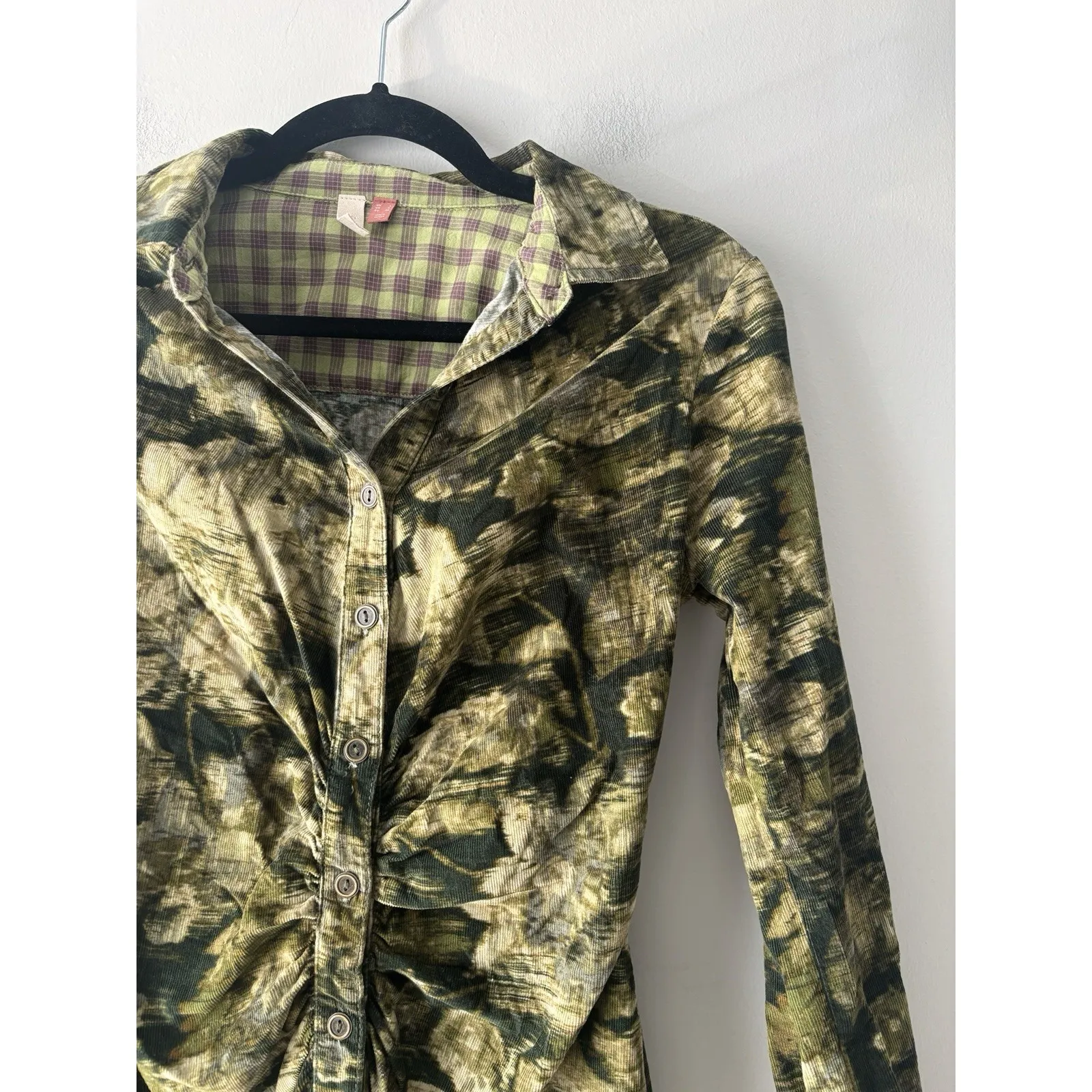 Anthropologie Pilcro Ruched Corduroy Green Printed Mini Shirt Dress Size 0 - Image 5