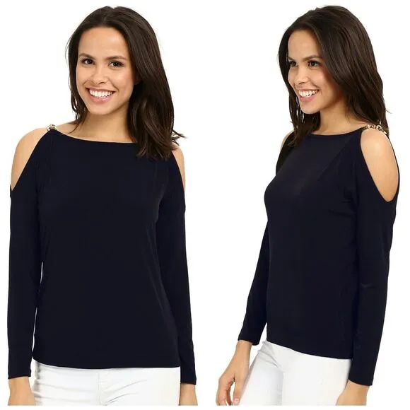 New! MICHAEL KORS Women's Chain Cold Shoulder Top Blouse Navy Blue Size Medium - Image 2