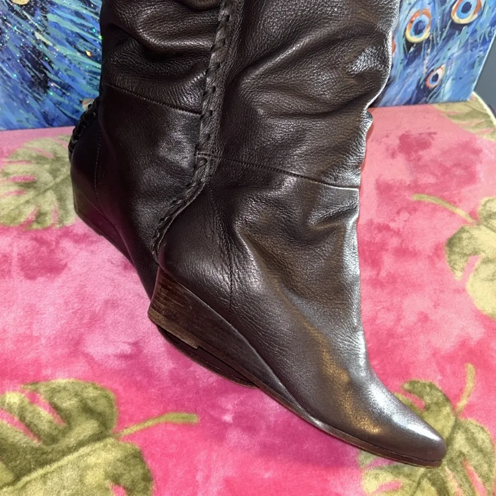 Size 5.5 Brown Leather Wedge Heeled Boots - Image 9