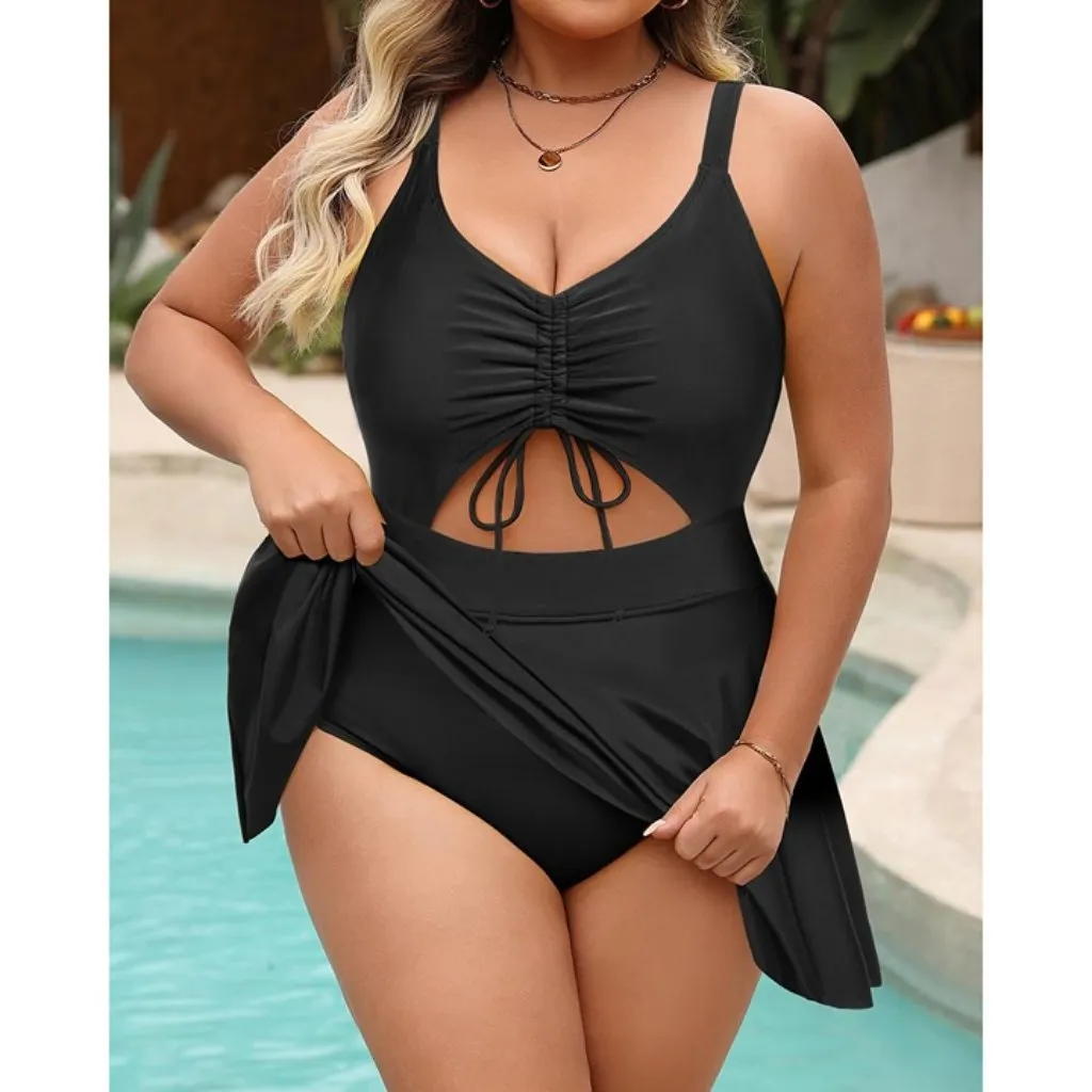 Plus Size Swim Dress One Piece Swimsuit Black Cut - Image 3