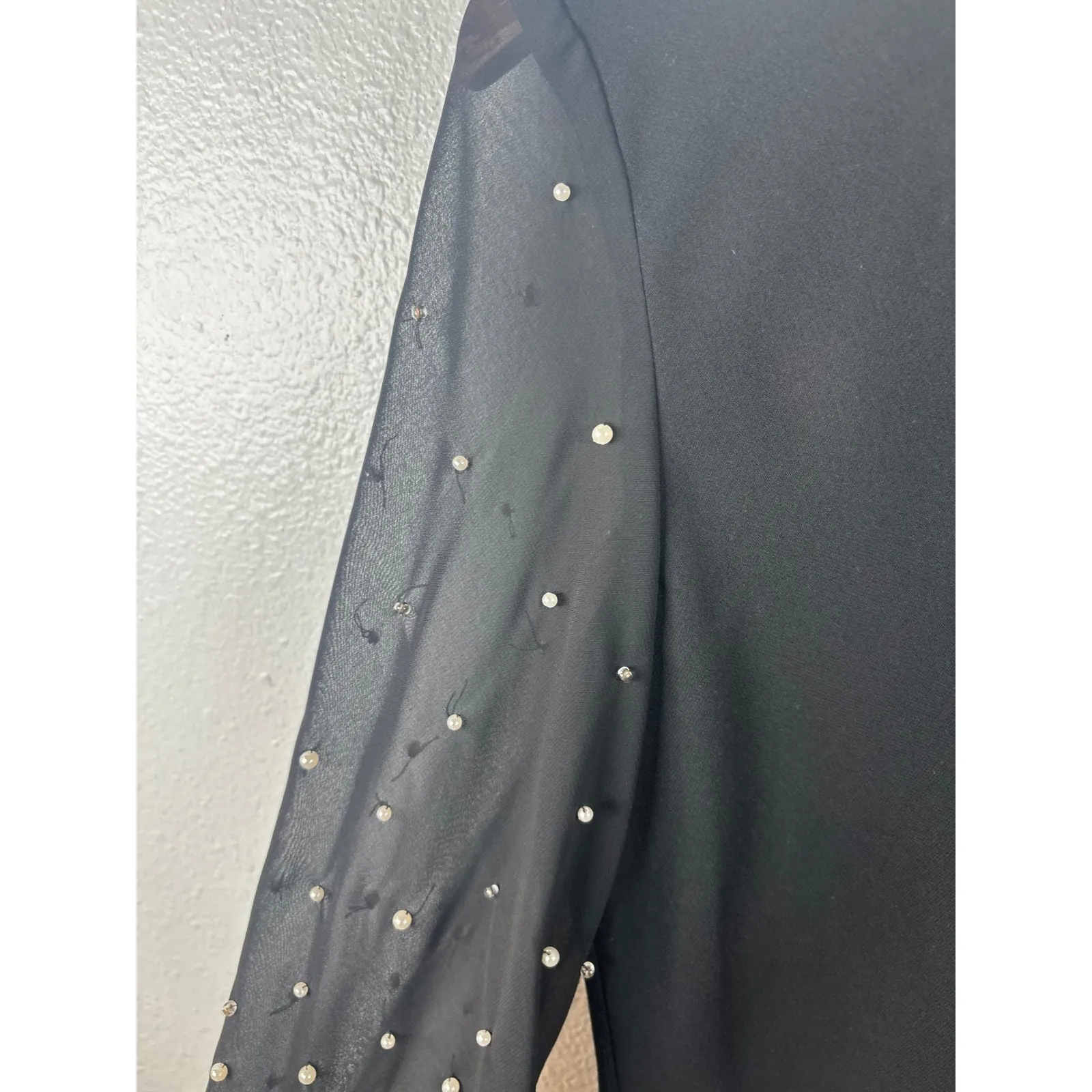 SL Fashions Vintage 10P Black Cowl Neck Sheer Beaded Pearl Sleeve Blouse Holiday - Image 6