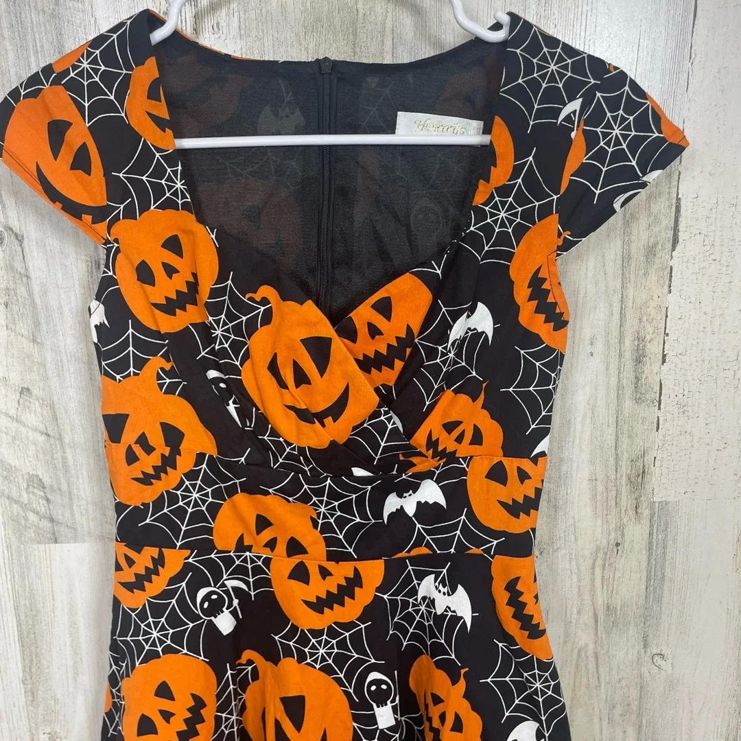Hanpceirs Fit Halloween Print Fit And Flare Dress sz XS Black Orange Pinup Retro - Image 2