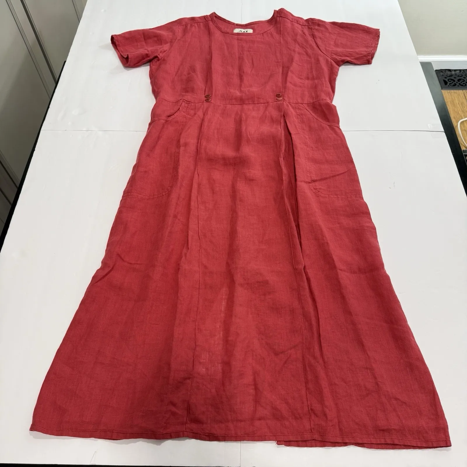 VTG Flax Engelhart Red 100% Linen Midi Dress Lagenlook Buttons Pockets SMALL - Image 10