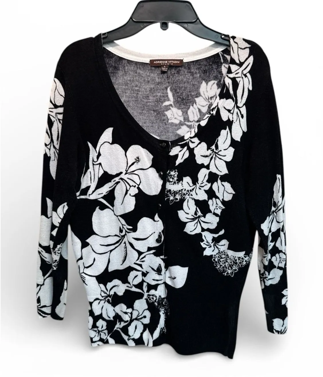 Adrienne Vittadini Studio Cardigan Small Black White Floral Button Front Knit - Image 1